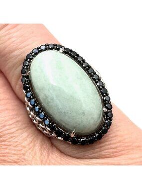 Green Jade Sterling Silver Womens Ring Black Spinel Size 6